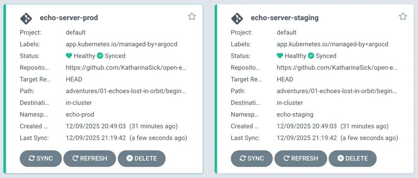 Both applications synced and healthy in Argo CD