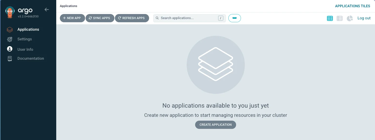 Argo CD dashboard showing no applications