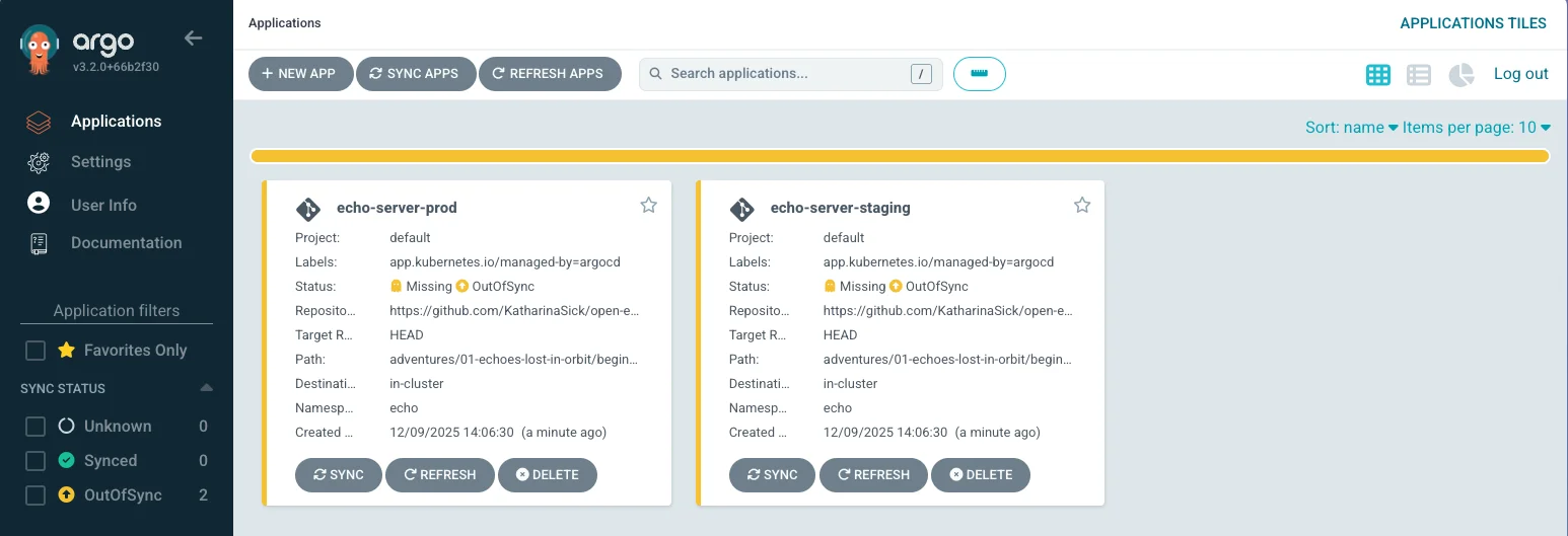 Two applications progressing in Argo CD dashboard