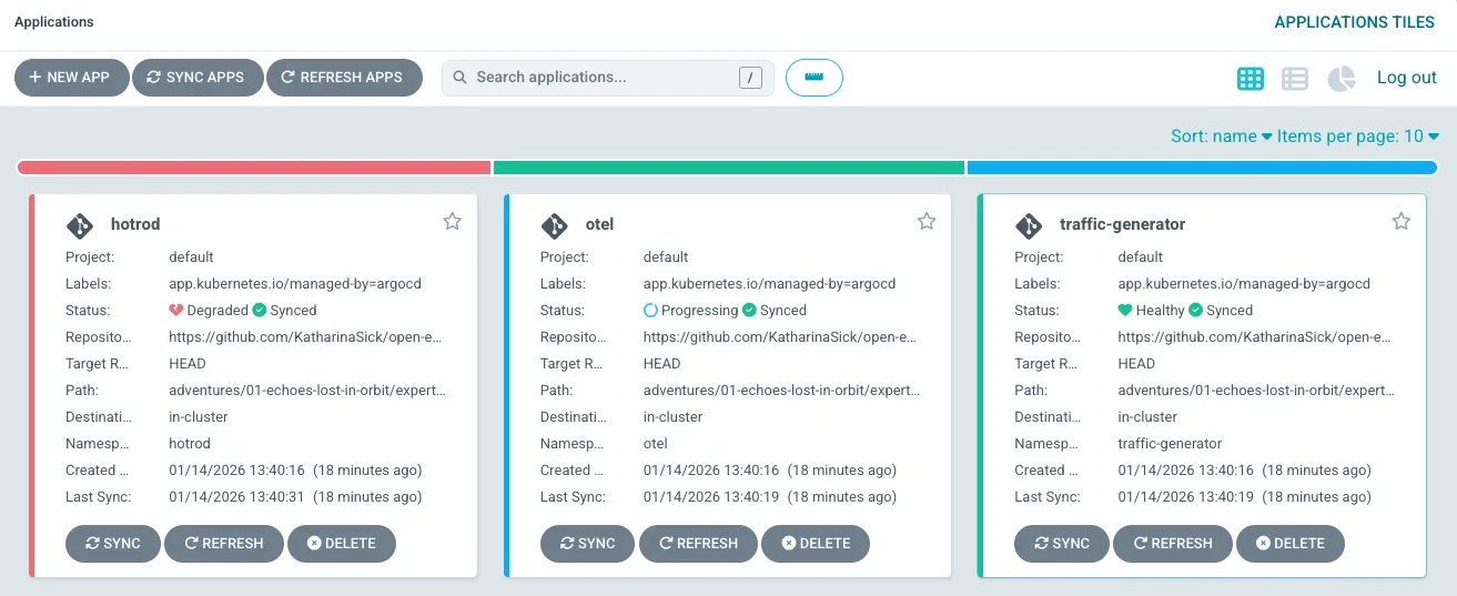 Argo CD showing three apps: hotrod degraded, otel progressing, traffic-generator healthy