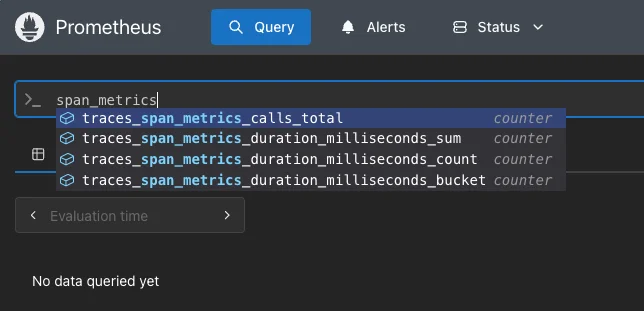 Prometheus UI showing spanmetrics derived from HotROD traces