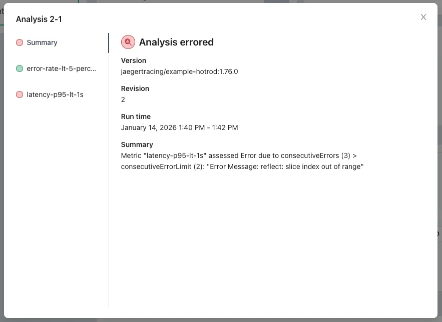 Argo Rollouts AnalysisRun showing error-rate passing and latency-p95 erroring