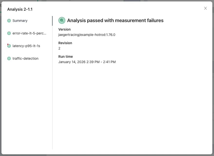 Argo Rollouts AnalysisRun showing all three metrics passing with green status