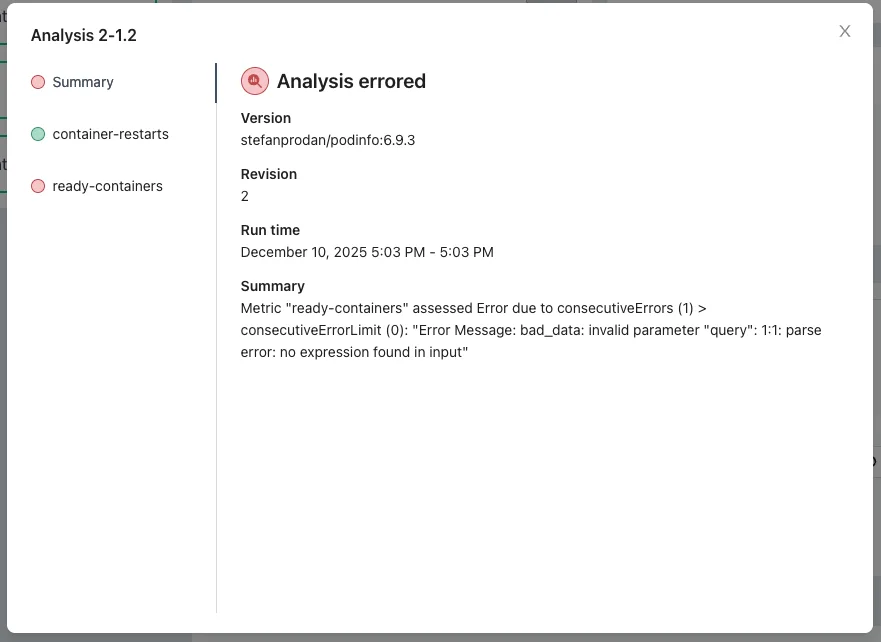 AnalysisRun detail showing container-restarts passing and ready-containers failing