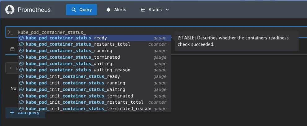 Prometheus UI autocomplete showing kube_pod_container_status_ready selected